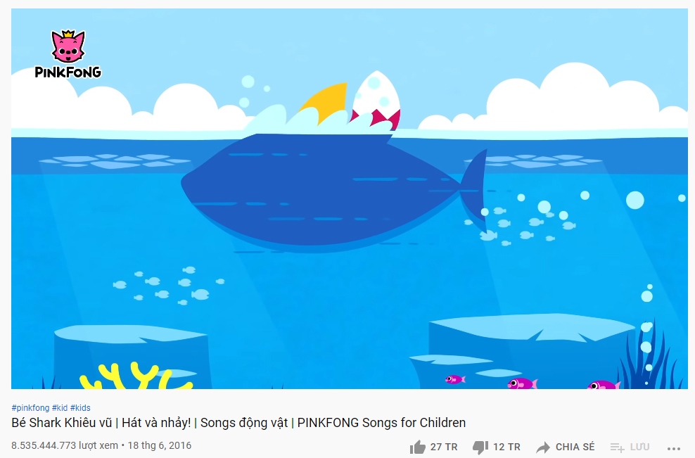 "Baby shark" chạm mốc 8,5 tỷ lượt xem, giữ vững danh hiệu MV được xem nhiều nhất Youtube